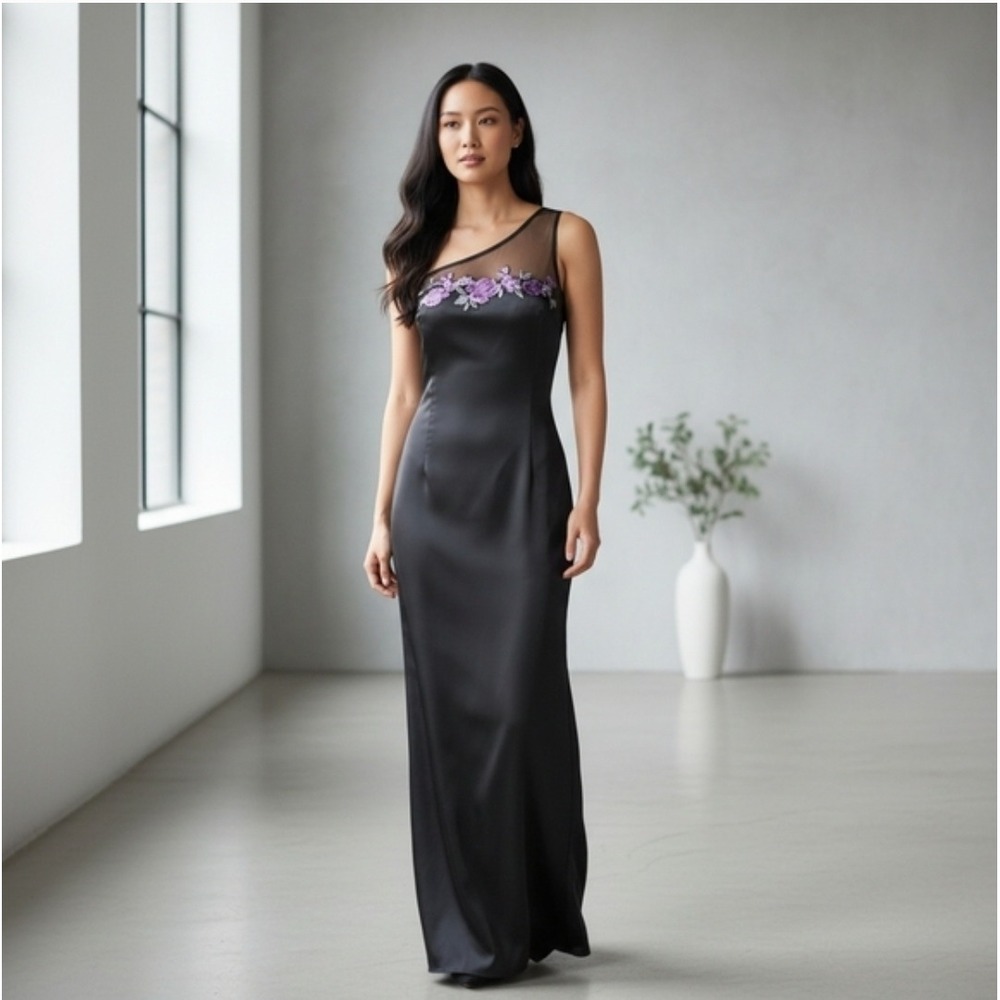 Rampage One-Shoulder Satin Floral Maxi Gown Black & Purple Size 11 Juniors NWT‎